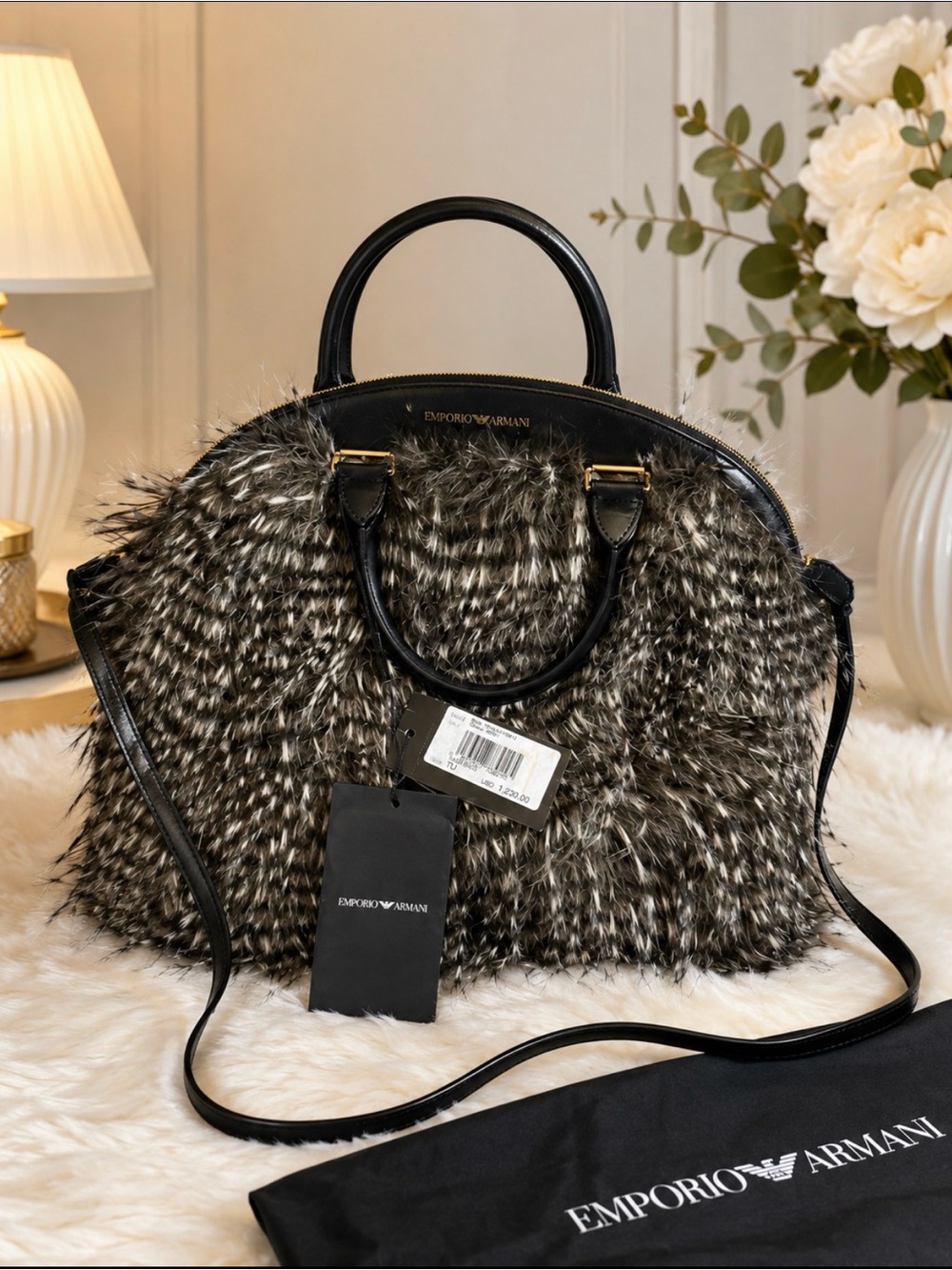 Emporio Armani Fur Satchel in Black and white